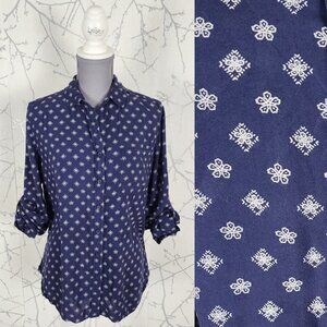 Beachlunchlounge Navy Floral Print Button Front Loose Fit Blouse